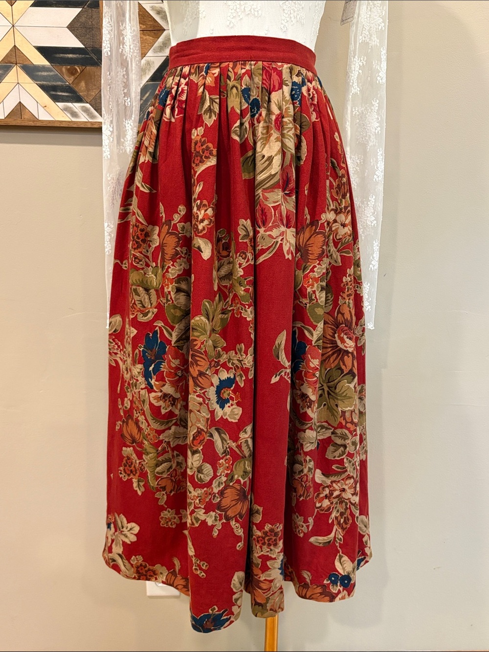 Vintage Ralph Lauren Red Floral Cottagecore Long Pleated Skirt size 4 - Picture 2 of 14